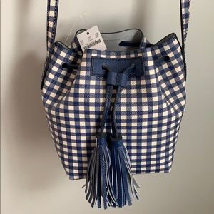 - JCrew blue gingham crossbody bucket bag